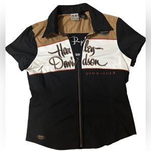Harley Davidson 110th Anniversary Zip Up Collard Colorblock Shirt Women’s Size L